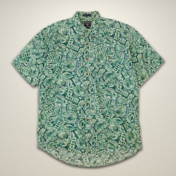 Chaps Ralph Lauren Shirt Button-Up‎ Short Sleeves Hawaiian Print Green/White M L - Picture 1 of 7